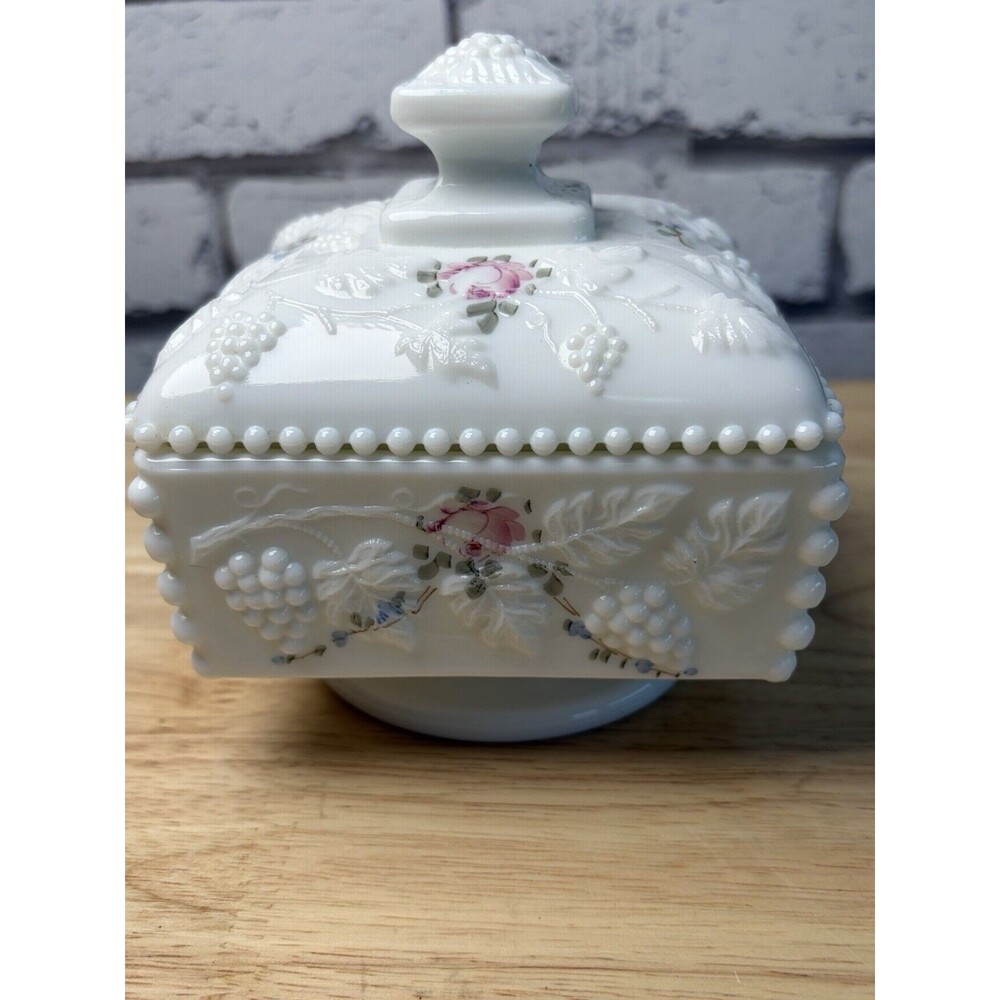 Westmoreland Milk Glass Candy Dish Lidded Paneled Grape Painted Flowers Footed - Picture 5 of 13